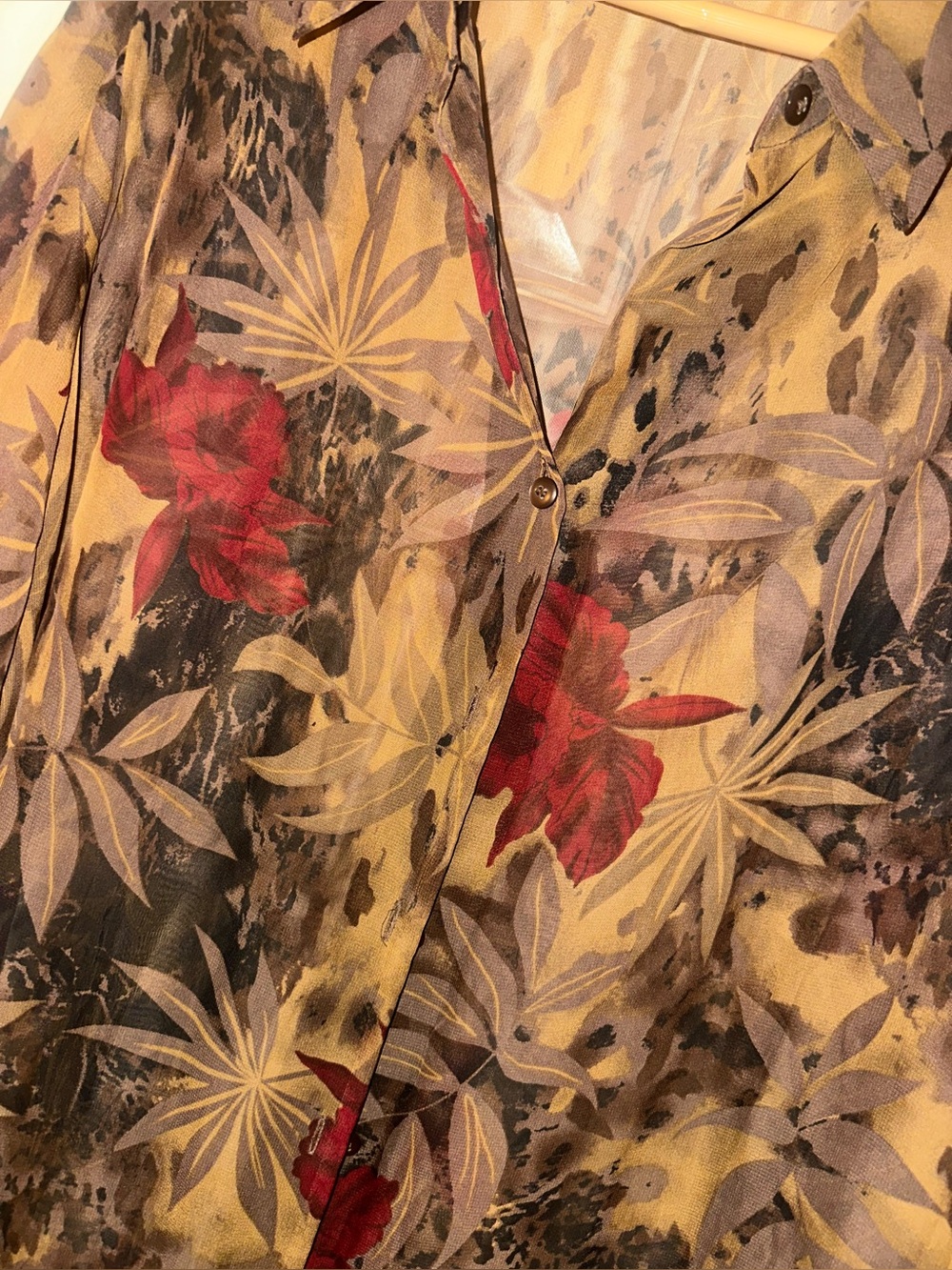 George Sheer Floral Button-Down Blouse in Tan, Red, Gray - NWOT - 26W/28W - Picture 2 of 5